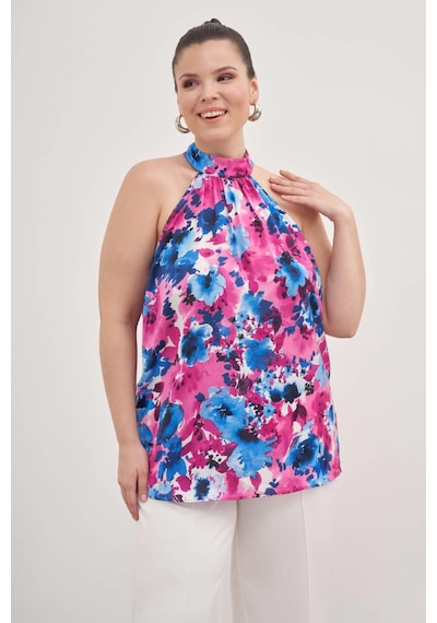 Myline Halter Yakalı Desenli Bluz-1802 Pembe