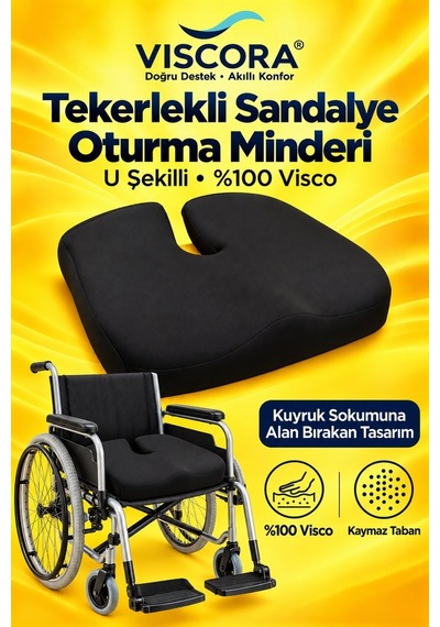 Tekerlekli Sandalye Minderi Visco U Şekilli Kuyruk Sokumu Destekli Kaymaz Oturma Minderi Siyah