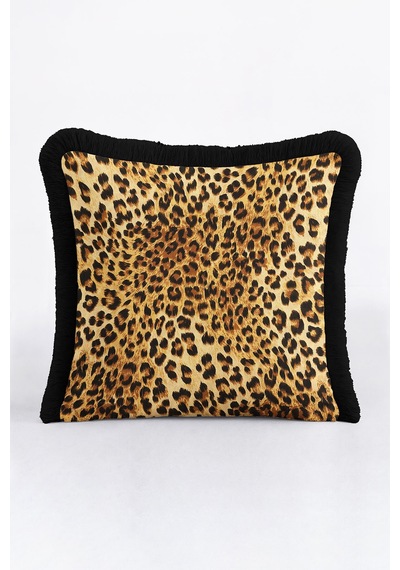 Leopar Desenli Saçaklı Yastık Kılıfı-safari Dokulu Siyah Gold Bohem Püsküllü Kırlent Kılıfı Açık Sisli Lime