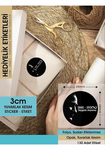 10 Kasım Atatürkü Anma Etiketi 3cm - 100 Adet Opak Sticker Renkli