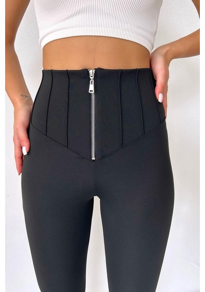 Mine Tan Butik Önü Fermuar Detaylı Kadın Çelik Tayt - Siyah Mürdüm