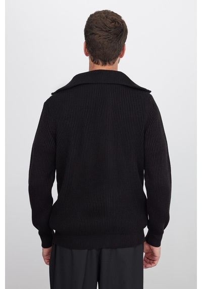 Tudors Erkek Slim Fit Dik Yaka Fermuarlı Siyah Düz Hırka-41798 Siyah