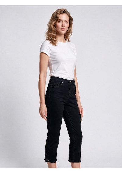 Seleste Kadın Yüksek Bel Düz Kesim Püsküllü Paça Crop Denim Pantolon Siyah