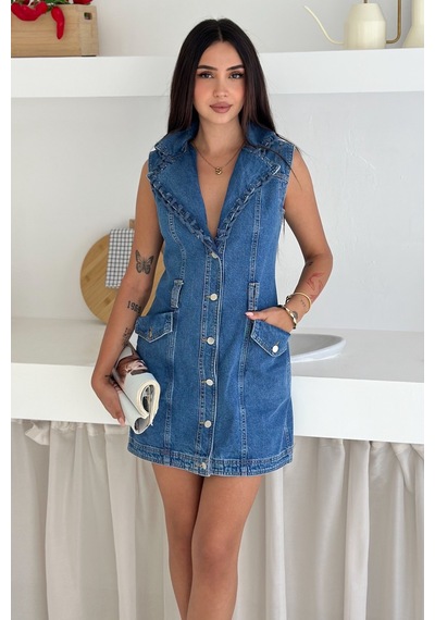 Femelle Kadın Mavi Fırfırlı Yaka Düğmeli Kot Mini Elbise - Cepli Kolsuz Denim Elbise