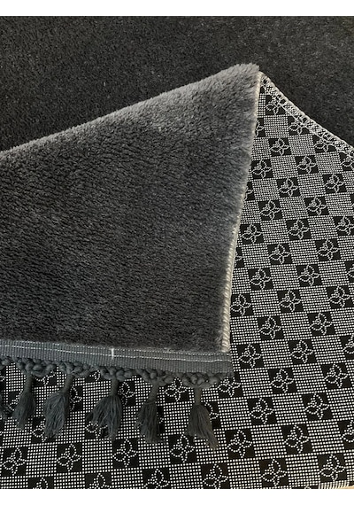 Puffy Gri Oval Örgü Saçaklı Peluş Yumuşacık Yıkanabilir Kaymaz Taban Halı Salon Oturma Odası Antrasit