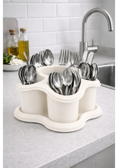 Mutfak Tezgah Üstü Kaşıklık Ve Düzenleyici 5 Bölmeli Çok Amaçlı Plastik Organizer Papatya 16x16cm Bej