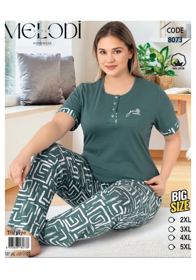 Melodi 8073 Kısa Kol %100 Pamuk Kadın Pijama Takımı V1 Yeşil
