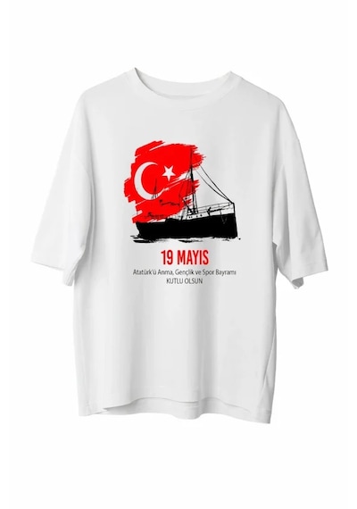 Modi 19 Mayıs Atatürkü Anma Gençlik Ve Spor Bayramı Baskılı Oversize T-shirt - Beyaz