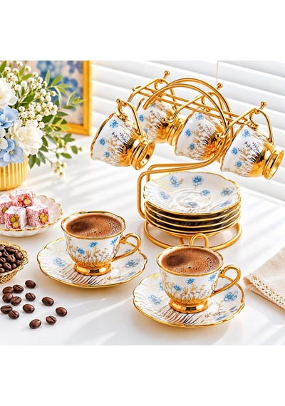 Valkyrie 6 Kişilik 13 Parça Türk Kahvesi Fincan Takımı Standlı 90 Ml Mavi Çiçek Gold Detaylı K655 Mavi