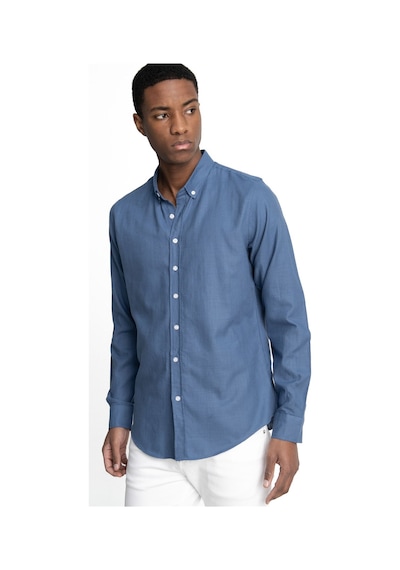 Tudors Slim Fit Uzun Kol Biyeli Yaka Düğmeli Keten Erkek Gömlek-26906-İndigo