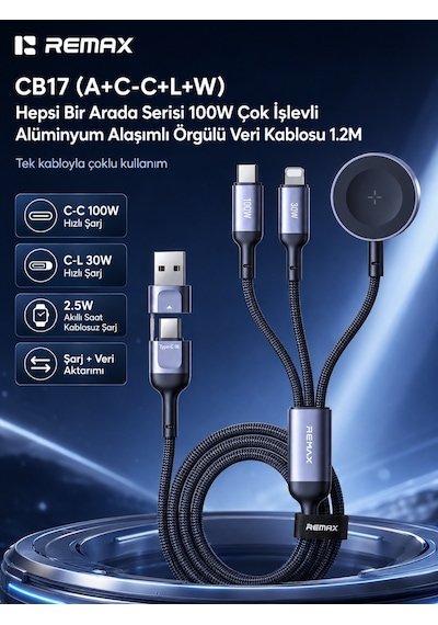 Remax All-in-one 100w Çok Fonksiyonlu Dönüştürücülü Örgü Şarj Kablosu 1.2m - Apple & Samsung Watch Uyumlu Cb17