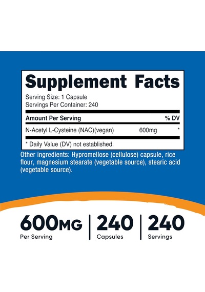 Nutricost N-acetyl L-cysteine N.a.c 600mg 240 Vegetarian Caps Aromasız