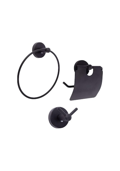Vidalı Lavabo Banyo Wc Bez Havlu, Çatal Askı Ve Tuvalet Kağıtlık 3'lü Set Siyah Metal Siyah