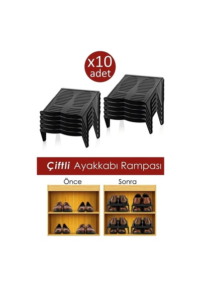 10 Adet Çiftli Ayakkabı Rampası Ayakkabı Düzenleyici Dolap İçi Organizer Plastik Siyah Tr Diğer