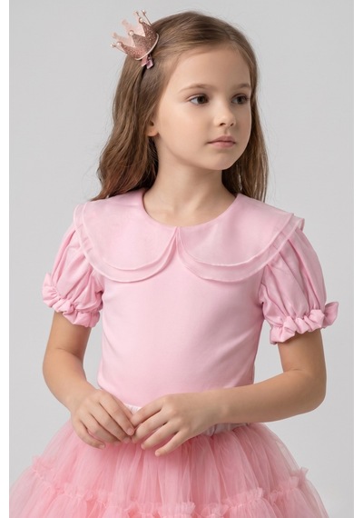 Le Mabelle Pembe Kısa Kollu Organze Yakalı Kız Çocuk Tişört Pembe