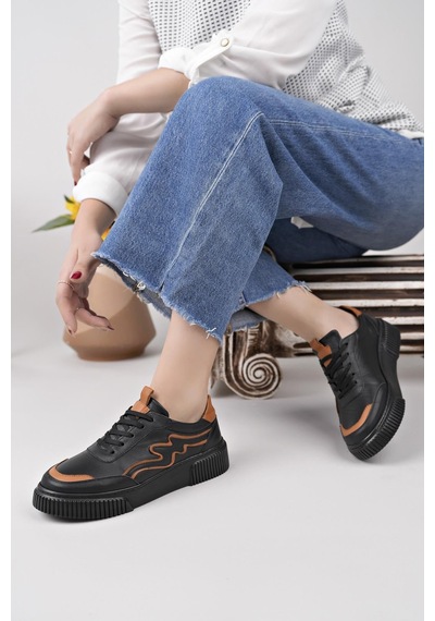 Nesilshoes Nesil Shoes Comfo 101 Siyah Taba Hakiki Soft Deri Kadın Sneakers