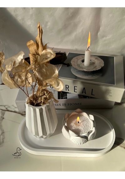 Geometrik Desenli Vazo Ve Lotus Çiçek İnci Tozlu Mumluk 2 Set