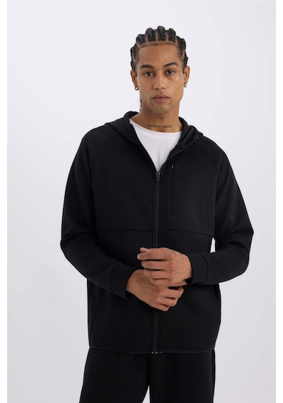 DeFactoFit Slim Fit Dar Kesim Kapüşonlu Skuba Dalgıç Kumaş Fermuarlı Sporcu Sweatshirt A6956AX25SPBK81