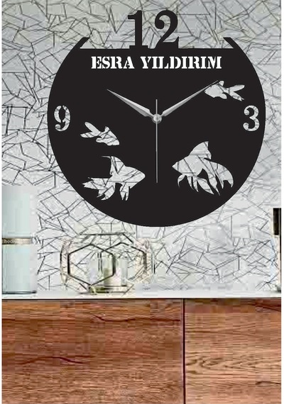 Kişiye Özel Akvaryum Balık Temalı Dekoratif Ahşap Duvar Saati Ahşap