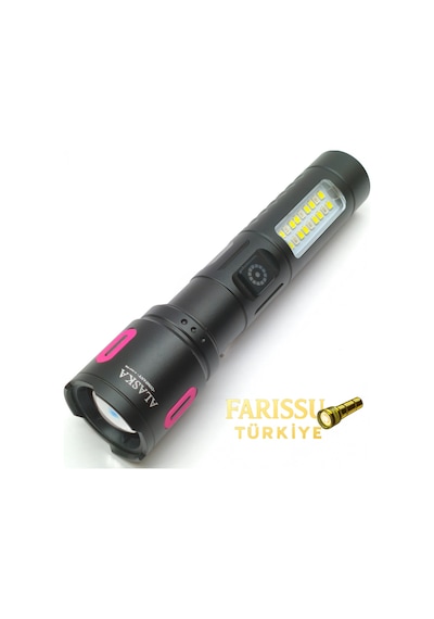 Alaska Şarjlı Led El Feneri 1500 2000 Lümen Zoomlu 500 600 M Çift Işık Modlu Type-c Şarjlı Siyah