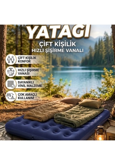 Çift Kişilik Şişme Hava Yatağı Flokeli Yüzey Hızlı Şişirme Vanalı Kamp Ve Misafir Yatağı Renkli