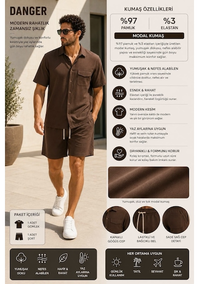 Erkek Premium Kumaş Modal Şort Slim Fit Takım Kahverengi 2018dngr