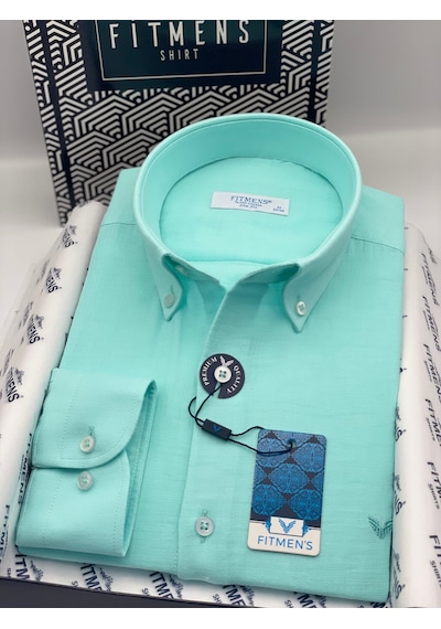 Slim Fit Uzun Kol Müslin Pamuk Rahat Nefes Alabilen Kumaştan Yaka Düğmeli Hediye Kutulu Erkek Gömlek Fs-004202 - Mint-3366