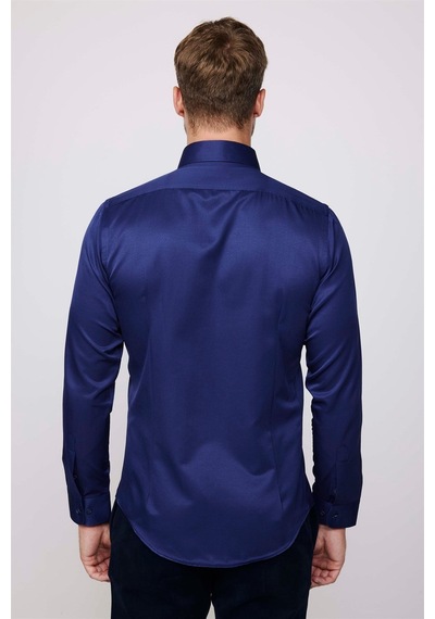 Tudors Slim Fit Uzun Kollu Pamuklu Düz Erkek Lacivert Gömlek-19031 Lacivert