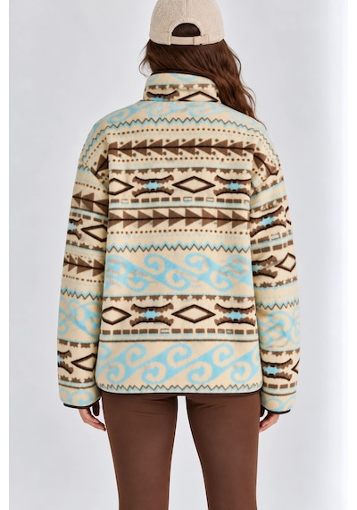 Mevese Desenli Dik Yaka Cepli Biyeli Kadın Polar Sweatshirt - Krem-kahverengi