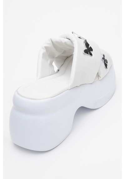 Luvishoes Luvi Shoes Force Beyaz Kelebek Tokalı Dolgu Tabanlı Kadın Terlik Beyaz