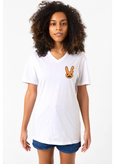 Bad Bunny Halloween Beyaz Kadın V Yaka Tshirt Beyaz