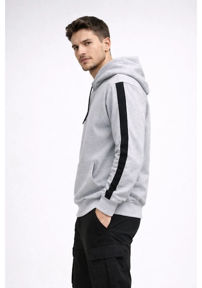 Erkek Şeritli Kapüşonlu Oversize Sweatshirt 3 İplik Pamuklu Hoodie - Beyaz