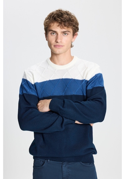 AC&Co / Altınyıldız Classics Erkek Ekru-lacı Standart Fit Normal Kesim Bisiklet Yaka Colorblock Desenli Yünlü Triko Kazak Ekru - Lacivert
