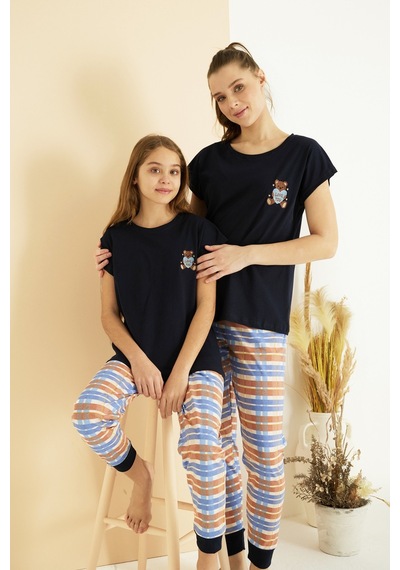 Siyah İnci Pamuklu Bisiklet Yaka Örme Pijama Takım25107135 Lacivert
