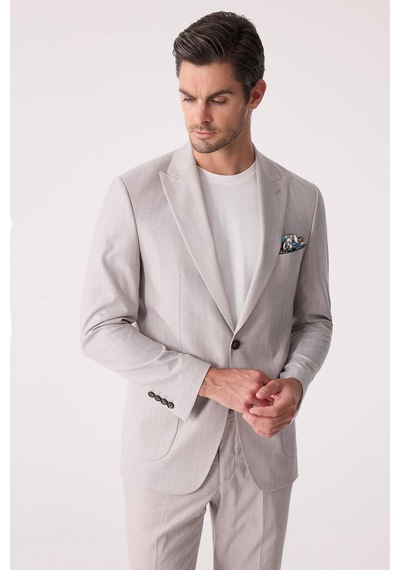 Erkek Bej Slim Fit Çizgili Torba Cep Jogger Pantolonlu Sivri Yaka