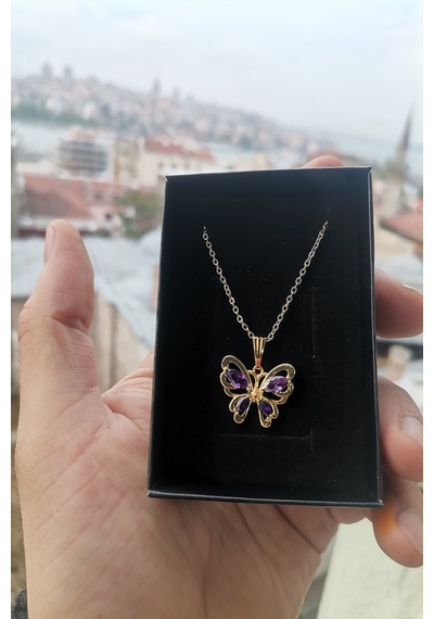 Ervanur Altın Kaplama Mor Zirkon Taşlı Kelebek Kolye Altın
