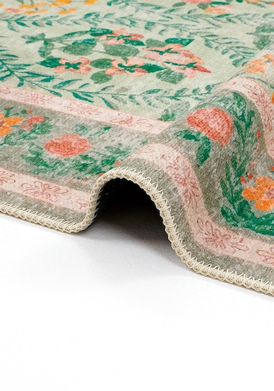 Cool Halı Daisy Su Yeşili Yıkanabilir Çiçekli Dokuma Şönil Halı Bohem Eskitme Vintage Oda Halısı Yeşil