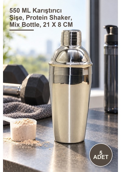 5 Adet Çelik Shaker 550 Ml Karıştırıcı Şişe, Protein Shaker, Mix Bottle, 21 X 8 Cm Sarı