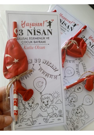23 Nisan Boyama Kartı Türk Bayraklı Balon Ve Kalem 30 Adet Çok Renkli