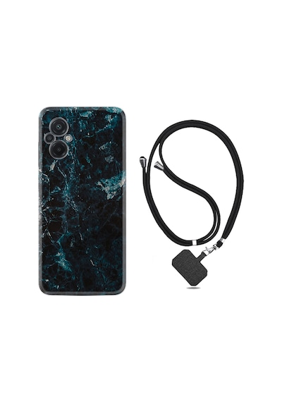 Xiaomi Poco M5 Kılıf İpli Boyun Askılı Desenli Silikon Blue Mix Mermer 1377