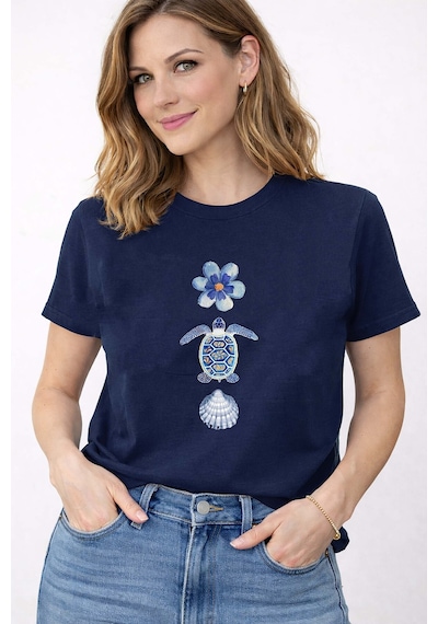 Herkesemoda Deniz Temalı Kaplumbağa Baskı Detaylı Kadın Bisiklet Yaka Pamuklu T-shirt Lacivert