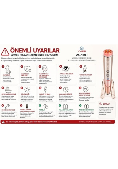 W-618j 6 Modlu Rf Ems Yüz Bakım Cihazı, Kırmızı/mavi Led, Sıcak-soğuk Kompres, Titreşimli Şarjlı Cilt Masaj Aleti, Standlı