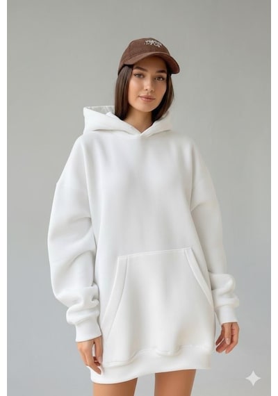 Afri Kadın Oversize Beyaz Sweatshirt 3 İplik Şardonlu Kapüşonlu Cepli Rahat Kalıp Beyaz