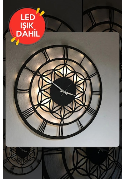 Led Işıklı Çiçek Duvar Saati Sessiz Dekoratif Modern Siyah Ahşap Siyah