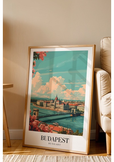 Budapest Hungary Vintage Seyahat Posteri Çerçeveli Tablo - Premium Tuna Nehri Elit Duvar Dekoru Kayın