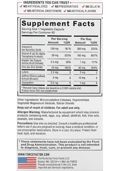 Force Factor Eye Health Lutein Zeaxanthin Saffron Copper 60 Vegetable Caps