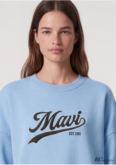 Logo Baskılı Sweatshırt Puslu Mavi