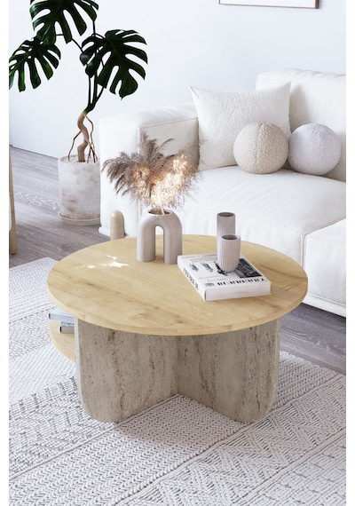 Rubo Orta Sehpa Raflı İskandinav Orta Sehpa 72 Cm, Bohem - Safir Meşe & Traverten