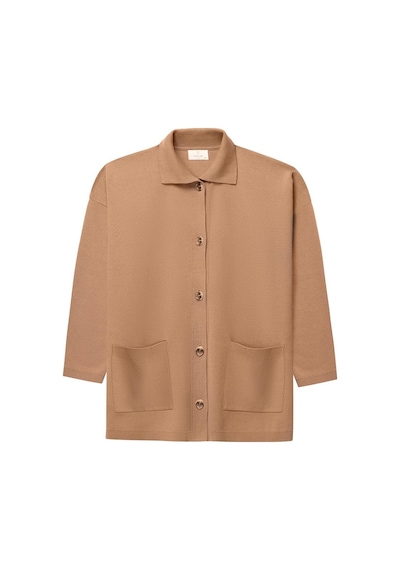 Peraluna Denise Cardigan Polo Yaka Geniş Kesim Pamuk - Yün Kadın Triko Hırka - Camel