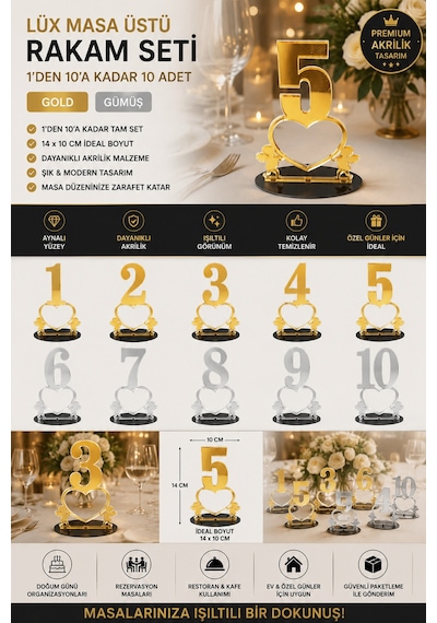 Lüks Akrilik Kalpli Masa Numaratörü Seti 1-10 Arası 14x10 Cm - Düğün, Nişan, Restoran & Rezerve Masa Numarası Rakam Seti Gold / Gümüş Lüks Akrilik Kalpli Masa Numaratörü Seti 1-10 Arası 14x10 Cm - Düğün, Nişan, Restoran & Rezerve Masa Numarası Rakam Seti Gold / Gümüş